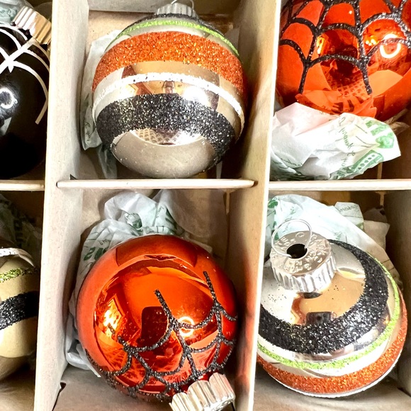 12 Halloween Radko Spider Web Glass Ball Ornaments Glitter Stripes - Picture 5 of 9